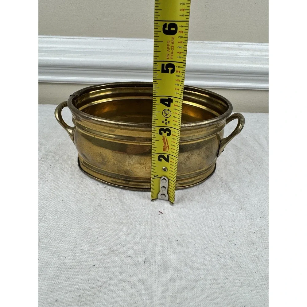 Vintage Solid Brass Oval Planter Bowl with Handles Footed Gold Centerpiece 8.5in